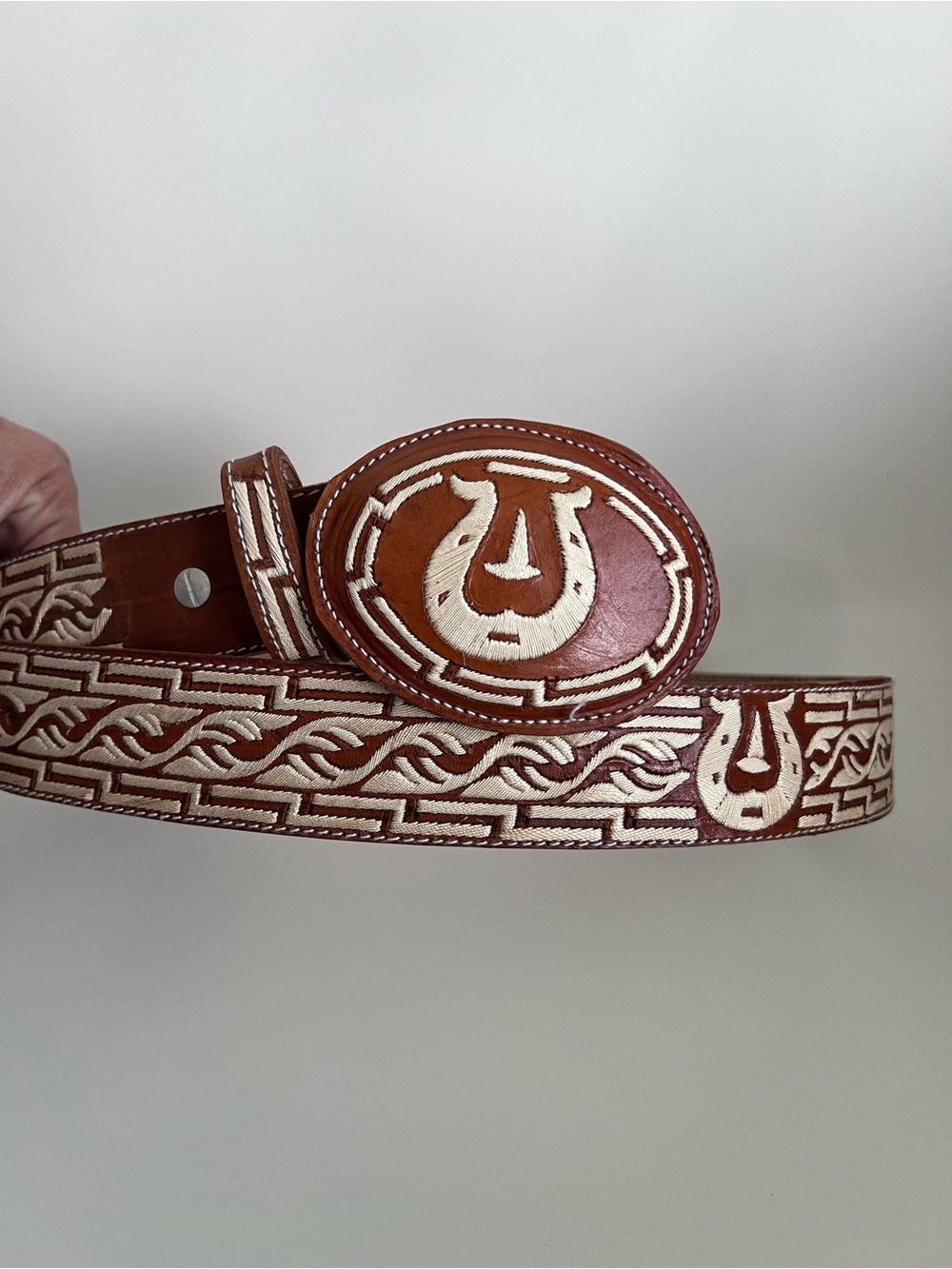 Men's Brown Leather Embossed Belt with Cream Inlay